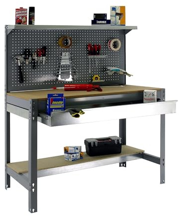 SimonRack Werkbank 600 kg Belastbarkeit, 144,5x121x61 cm, 1 Schublade, Große Arbeitsfläche Arbeitsfläche, Arbeitstisch, Holz-Arbeitsplatte, Grau/Holz - BT3
