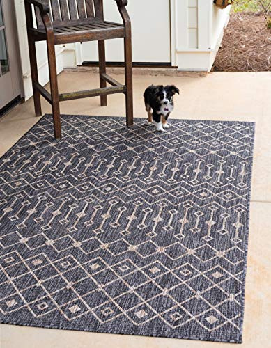 Unique Loom Outdoor Trellis Collection Area Rug - Tribal Trellis (7' 1 x 10' Rectangle, Charcoal Gray/ Natural)