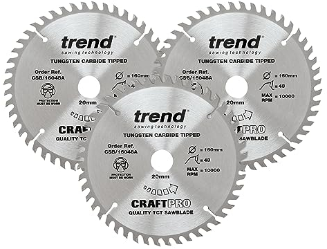 Trend Lames de Scie Circulaire pour Bois, 160 mm de Diamètre, 20 mm d'Alésage, 48 Dents, TCT, 2,2 mm de Trait de Scie, +15° Crochet, CSB/160/3PK