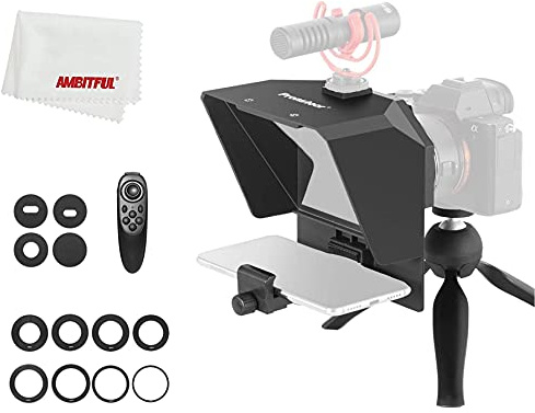 PRONSTOOR Teleprompter-kit bärbar inscriber mobiltelefon teleprompter artefakt video med fjärrkontroll för telefon och DSLR-inspelning (mini-teleprompter + ministativ)