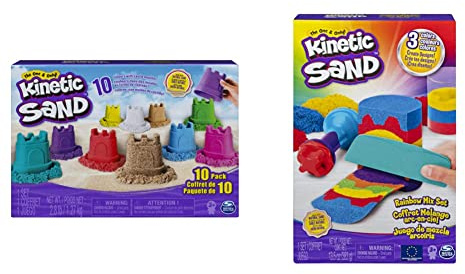 Kinetic Sand Castle Containers 10-Colour Pack for Kids Aged 3 and Up & Rainbow Mix Set with 3 Colours of Kinetic Sand (382g) and 6 Tools, for Kids Aged 3 and Up (Styles Vary)