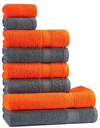 Tuiste Handtuch Set Grau Orange |%100 Baumwolle Frotee Handtücher Set 8 Teilig | 2X Badetücher Set, 4X Handtücher, 2X Gästetücher | Weich und Saugstark | Fabre: Anthrazit Grau - Orange