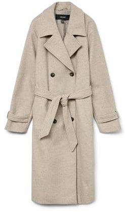 VERO MODA Damen Mantel VMFortunevega Long Trenchcoat langer Winter Wollmantel 10289870 Silver Mink Melange M