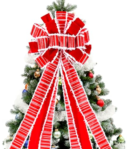 Christmas Tree Topper Wreath Bow Large Red Christmas Bow Tree Topper, Burlap with White Polyester Edge Gift Bows for Xmas Ornament Holiday Home Thanksgiving Indoor/Outdoor Decor 45x13 Inches