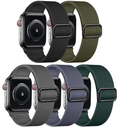 Adorve 5-pack stretchiga Solo Loop-band kompatibla med Apple Watch Band 38 mm 40 mm 42 mm 44 mm 41 mm 45 mm för kvinnor män, mjuka elastiska flätade ersättningsremmar i nylon för iWatch SE serie 7/6/5