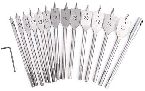 Juego de brocas de pala para taladro de 15 piezas, vástago hexagonal de acero al carbono de 6‑25 mm Juego de brocas para madera planas Brocas de pala para trabajo pesado Perforación de carpintería r