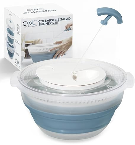 COOK WITH COLOR Collapsible Salad Spinner - 4 QT Space Saving Lettuce Dryer with Folding Collapsible Colander Great for Washing and Drying Fruit and Vegetables (Blue)