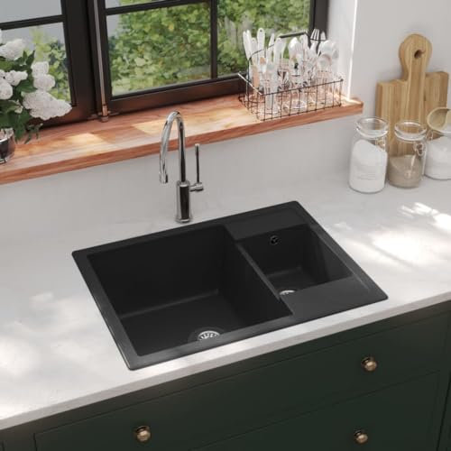 Home Outdoor Otros- Fregadero de cocina con orificio de desbordamiento, doble lavabo, granito negro