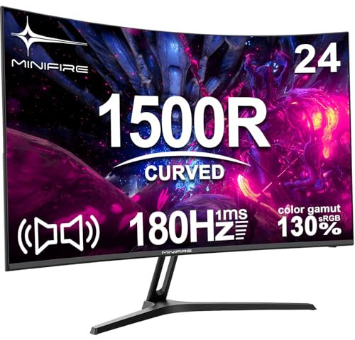 Minifire Gaming Curved Monitor 24 Pouces, 180Hz 1ms FHD avec Sprecher 1500R, Adaptive Sync, VESA 100x100mm, Inclinaison réglable, HDMI1.4 DP1.2 Ports (MFG24C1 Câble HDMI Inclus)