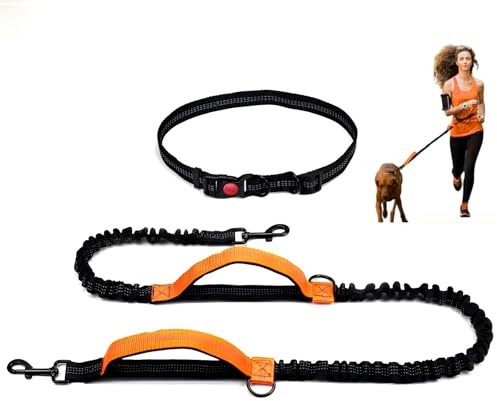 Hurluksi Hand Free Dog Lead, Bungee Dog Leash Heavy Duty Puppy Waist Belt for Medium & Large Pets, Adjustable Running Lead with Dual Padded Handle (Orange)