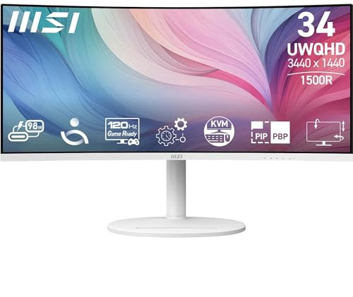 MSI Modern MD342CQPW PC-Monitor 34 Zoll UWQHD Curved 1500R – VA Panel 3440 x 1440, KVM, Pip/PBP, Breites Farbspektrum, Augenkomfort, integrierte Lautsprecher, 3-Achsen verstellbar, HDMI 2.0b, DP 1.4