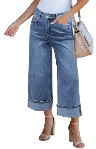 GRAPENT Wide Leg Jeans for Women High Waisted Stretchy Twill Denim Crop Pants 2025 Summer Loose Fit Fold Hem Cropped Baggy Jeans with Pockets Bay Blue Color Medium Size 8 to 10