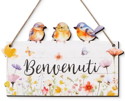 Targa Legno Benvenuti Cartello da Appendere per Porta con Fiori Uccelli Decorazione Porta Ingresso Casa Targhetta Welcome Primavera