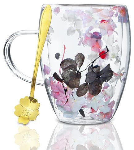 Wieat Coffee Mugs, Double Wall Glass Coffee Mugs, Dried Flowers Glass Coffee Cups with Spoon, Tea Cup Birthday Gifts for Women 300 ML (Pink+Grey)