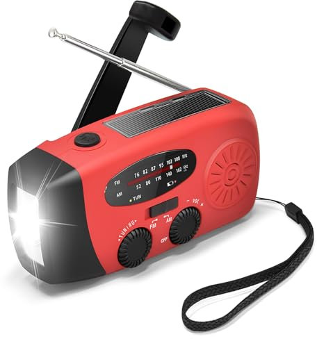 Radio Meteorológica De Emergencia, Radio Solar Portátil con Dinamo, Radios Autoalimentada Tiempo Am/FM con La Linterna LED Cargador Teléfono Celular Banco Poder 2000mAh