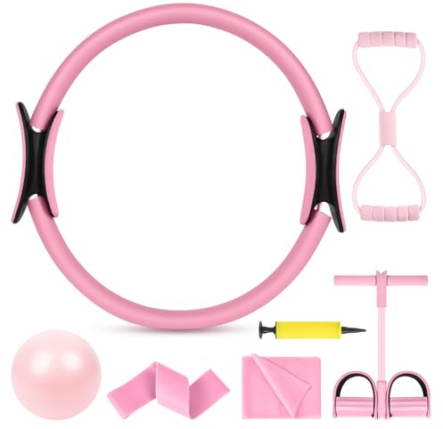 AOOSA Pilates Ring Set, 15'' Premium Magic Circle with Dual Padded Handles, 6 PCS Pilates Equipment Includes Latex Resistance Band, Yoga Ball, Elastic Resistance Circle, Pedal Puller, Figure 8 Puller