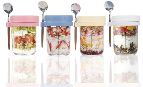 TempFoo Overnight Oats Jar Container set 4, 350ml Glass Mason Jars with Lids and Spoon, Cereal Milk Vegetable Fruit Salad Jam Protein Porridge Clear Storage Containers, Breakfast Pots with Lid
