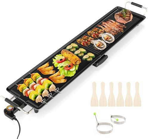 SOARS Piastra Elettrica 1800W, Barbecue Elettrico con Termostato Incorporato, 4 Livelli di Temperatura, Rivestimento Antiaderente, per Cucinare, Grigliare (Piastra Liscia+Rigata 100 X 22 CM)