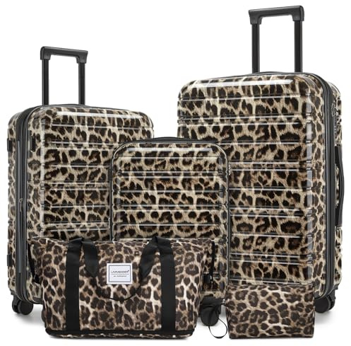 LARVENDER Luggage Sets 5 Piece Hardside Expandable Suitcase with Wheels Lock,PC+ABS Hardside Lightweight Rolling Suitcase for Women and Men,Cheetah