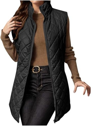 ABLYTMIAQ Women's Quilted Gilet Longline Stand Collar Lightweight Zip Coat Thermal Comfy Casual Plain Gilets Body Warmers Sleeveless Jacket Hiking Outdoor Recreation Vests Winter