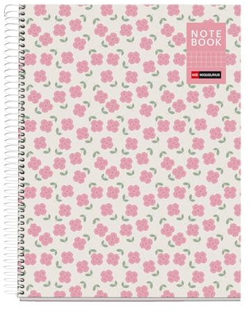 Miquelrius - Rutad A4-anteckningsbok, 5 x 5 mm, hårt plastpapper, 80 mikroperforerade ark, extra ogenomskinligt papper, 90 g/m², metallspiral, 4 perforeringar för pärm, rosa