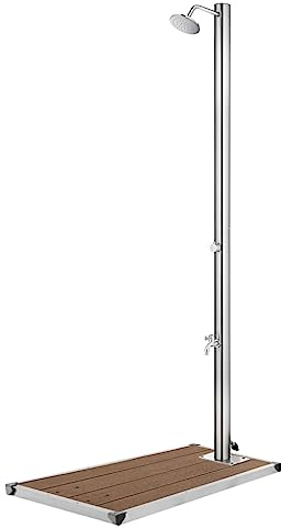Runheo Trädgårdsdusch, rostfritt stål med brun, WPC-golvplatta, 220 cm höjd, pool utomhusdusch med huvuddusch och fottvättkran, väderbeständig, mångsidig, lämplig för pool och bubbelpool