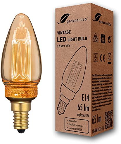 greenandco Vintage Design LED Birne zur Stimmungsbeleuchtung | E14 C35 | gold | 2W 65lm | 1800K extra warmweiß | 320° | 230V | flimmerfrei | nicht dimmbar | Edison Glühbirne