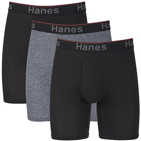 Hanes Men's Total Support Pouch Boxer Brief Underwear, Anti-Chafing, Moisture-Wicking Odor Control, 3-Pack, Long Leg-Gray/Black-3 Pack, 3XL (Pack of 3)