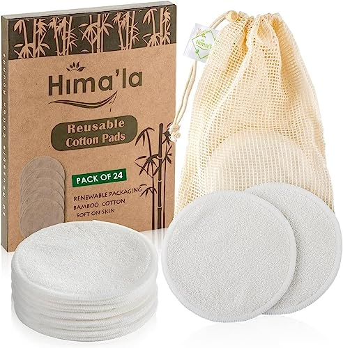 Hima'la 24 Pcs Reusable Makeup Remover Pads with Washable Laundry Bag | Bamboo Make Up Remover Pads - Eco Friendly Soft & Gentle Reusable Cotton Pads (Pack of 24)