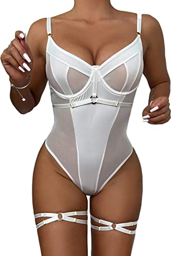 Aranmei Body pour femme avec haut sexy à armatures avec entrejambe à boutons-pression et bretelles de jambe et string