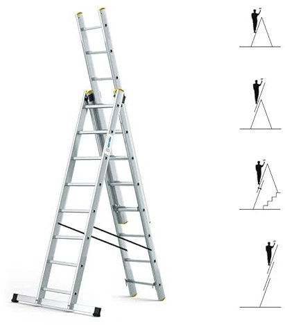 Echelle Transformable 3 Plans StablePro 3x8 marches Aluminium Extensible coulissante, 6 Positions, Hauteur Travail Max 5,05m, Garantie 5 Ans, Hostrom