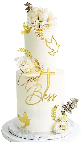 Kit de Décoration de Gâteau en Acrylique Forme Croix Feuille Pigeon God Bless Or Gâteau Topper Personnalisée Décoration de Table pour Baptême Communion Confirmation Mariage Anniversaire Fête
