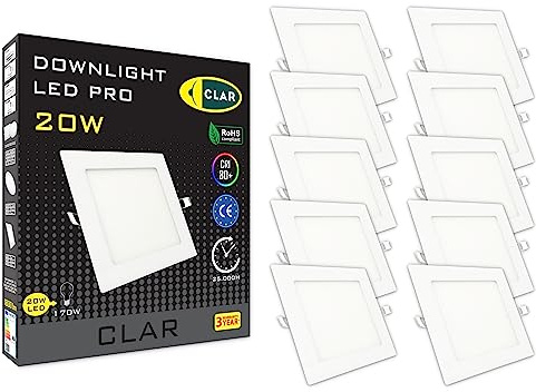 CLAR - LED Einbaustrahler Flach, Spots Deckenleuchte LED, Downlight, Quadratisch 20W (Pack 10)