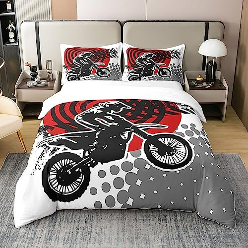 Loussiesd Dirt Bike 100% Cotton Duvet Cover Motorbike Extreme Sports Bedding 100% Cotton Set Motocross Rider King Zipper Motorcycle Quilted Duvet Set with 2 Pillow Shams Ultra Soft Warmth Breathable