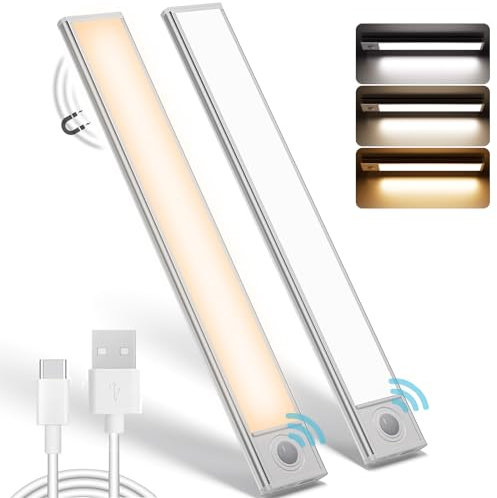 30CM Under Cabinet Kitchen Lights, 2Pack 120 LED Motion Sensor Cupboard Lights Indoor, 2500mAh Wireless Wardrobe Light USB Rechargeable Battery Operated, Magnetic Closet Light for Stairs, Hallway