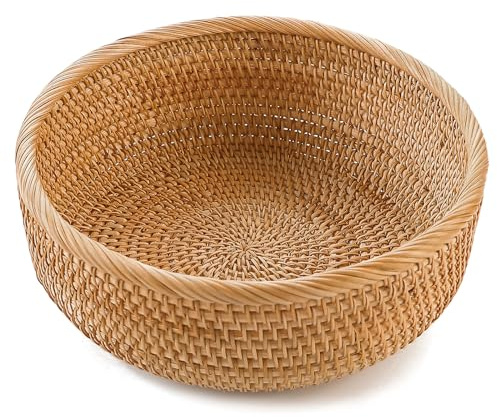 HITOMEN Handmade Rattan Bread Baskets Round Wicker Fruit Serving Storage Bowls, Natural Woven Decorative Kitchen Counter Organizing (Honey Brown) L-10.3