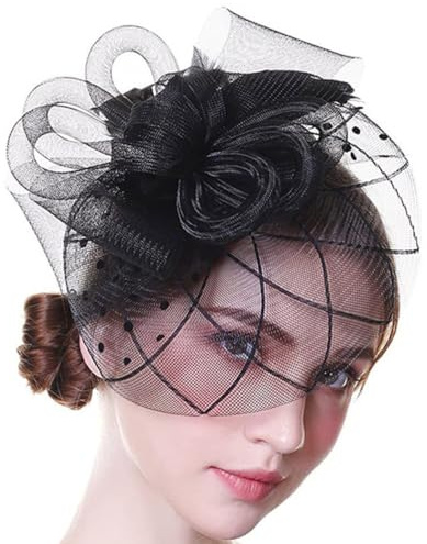 Jovono 20s Fleur Dentelle Bandeau Voile fascinateur Chapeau mariée Cocktail thé fête Casque pour Les Femmes (Noir)