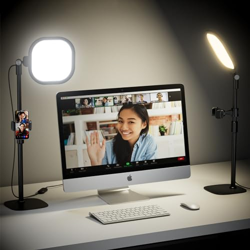Schreibtischlampe LED für Videokonferenz, LitONES Dimmbar Tisch Ringlicht mit Stativ Handy - 3 Lichtfarben + 10 Helligkeiten, CRI 97.8 Augenschutz Bürolampe für Home-Office, Streaming, Webcam, Laptop