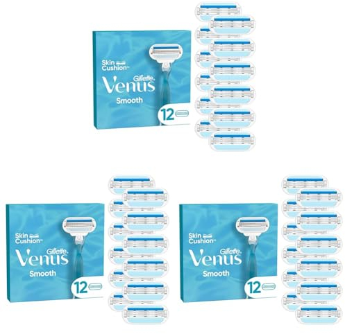Gillette Venus Smooth Damenrasierer Ersatzklingen, Set von12, mit 3 sich der Körperkontur anpassenden Klingen, umgeben von Schutzkissen (Packung mit 3)