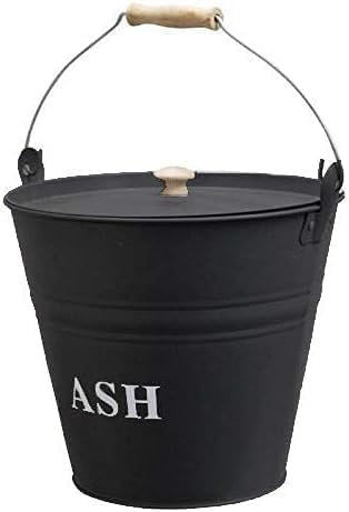 Metal Coal Bucket With No Lid Wooden Handle Fireplace Container Litre Black Coal | Wooden Handle & No Lid | Log Holder | Fireplace Fire Pit Wood Burning Stove Bin | 12L (ASH BUCKET)