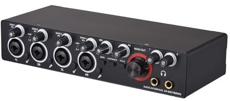 YIWENG Tarjeta de sonido de grabación de 4 canales con interfaz de audio no tripulada, tarjeta de sonido USB 4 entradas 4 salidas, fuente de alimentación fantasma de 24 bits/192 kHz 48 V para