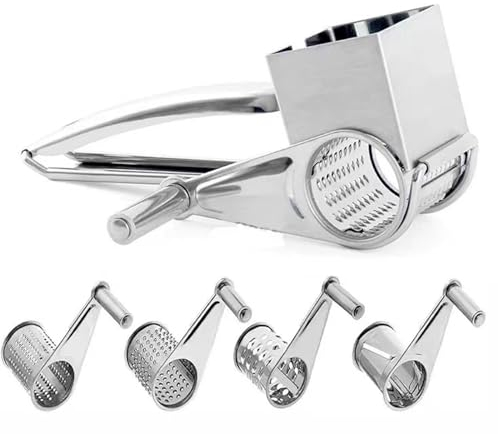 Grattugia per formaggio, grattugia rotante in acciaio inossidabile con 4 teste per affettare e supporto, grattugia a manovella per parmigiano, aglio, zenzero, verdure, cioccolato, noci