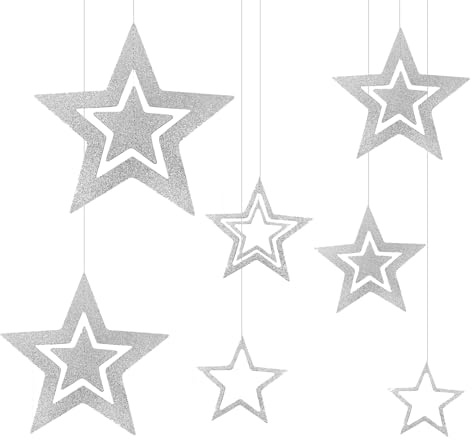 Estrellas decorativas navideñas, 7 unidades, plata con estrellas para colgar, papel con purpurina, decoración para Navidad, Adviento, árbol de Navidad, ventana, invierno, copos de nieve