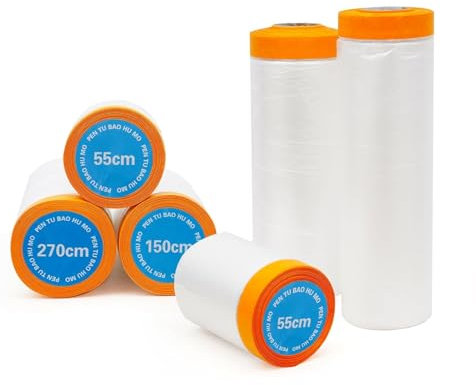 Nisorpa190㎡ Abdeckfolie mit Klebeband, 6 Rollen Malerfolie Abklebeband Maler mit Folie, Malerabdeckfolie, Staubschutzfolie Balerbedarf (55cm x 20m x 2; 150cm x 20m x 2; 270cm x 20m x 2)