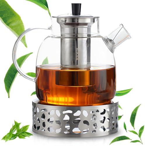 Tetera de 1,5 L con calientaplatos, tetera de cristal con filtro extraíble, juego de tetera de vidrio de borosilicato para té suelto, bolsas de té y todos los tipos de té