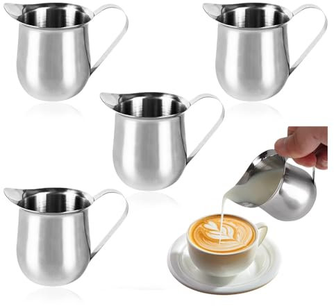 Bieiyhe 4 Pièces Pichet Lait Inox 90ml,Pot a Lait Avec PoignéE,Cruche de Lait Petite,Pichet Crémier Mini,Tasse à Sauce Acier,Milk Pitcher en Acier Inoxydable,Pichet pour Cappuccino pour Amateurs Café