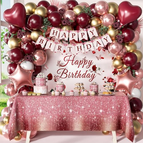Burgundy Birthday Decorations, Burgundy Rose Gold White Balloons Happy Birthday Banner Tablecloth Backdrop for Happy Birthday Decorations for Women Adults