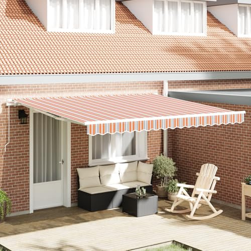 Retractable Articulated Arm Awning for Patio, Balcony, Garden, UV Protection, Waterproof, Sun Protection, Orange Stripes, 400 x 300 cm