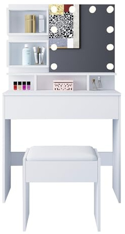 Komtopod Schminktisch mit Beleuchtung Einstellbarer Helligkeit, Kosmetiktisch mit Schubladen Spiegel, Frisiertisch mit 1 Schubladen und 5 offenen Fächern, 70x40x140cm