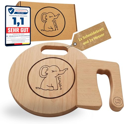 Eli® Set di 2 coltelli da cucina per bambini, di alta qualità, con coltello da taglio per frutta e verdura, tagliere in legno di faggio